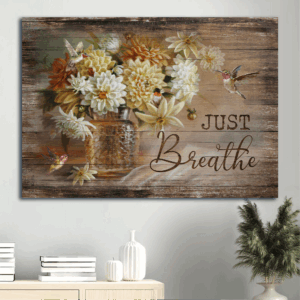Jesus Landscape Poster - Watercolor Hummingbird & Vintage Painting Home Decor Gift for Christian - Just Breathe