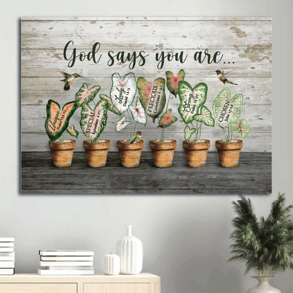 Christian Home Decor Gift: Jesus Landscape Poster with Hummingbird Painting and Caladium Pots – God Says You Are  Poster Home Decor Gift