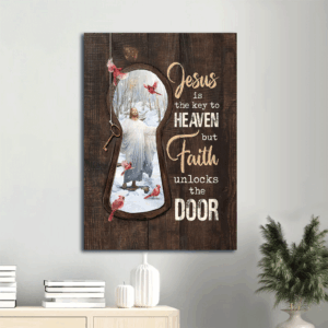 Jesus Portrait Poster Home Decor Gift - Christian Wall Art with Northern Cardinal and Winter Forest - Key to Heaven