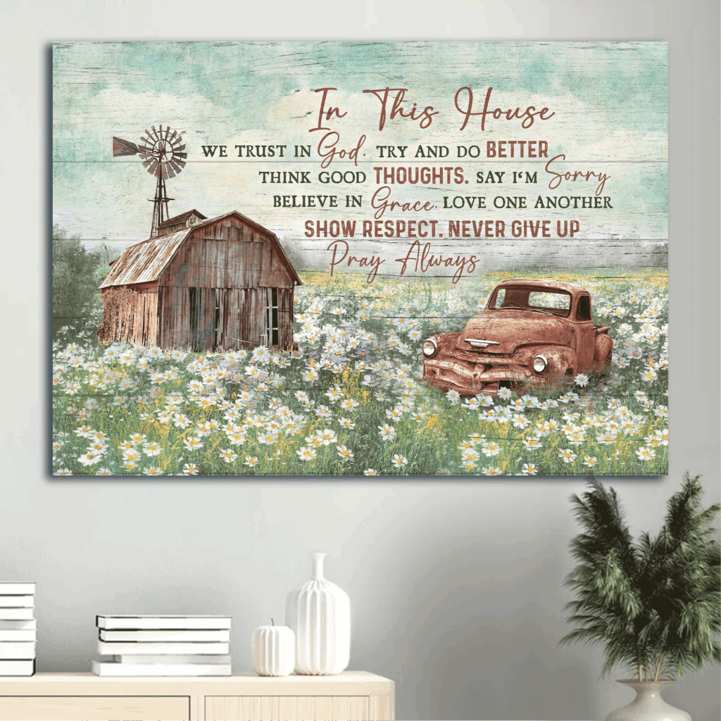 Jesus Landscape Poster Home Decor Gift – Old Barn & Daisy Field Painting for Christian Home – Trust in God Wall Art Jesus Landscape Poster Home Decor Gift – Old Barn & Daisy Field Painting for Christian Home – Trust in God Wall Art
