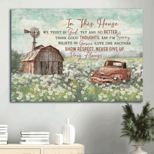 Jesus Landscape Poster Home Decor Gift - Old Barn & Daisy Field Painting for Christian Home - Trust in God Wall Art