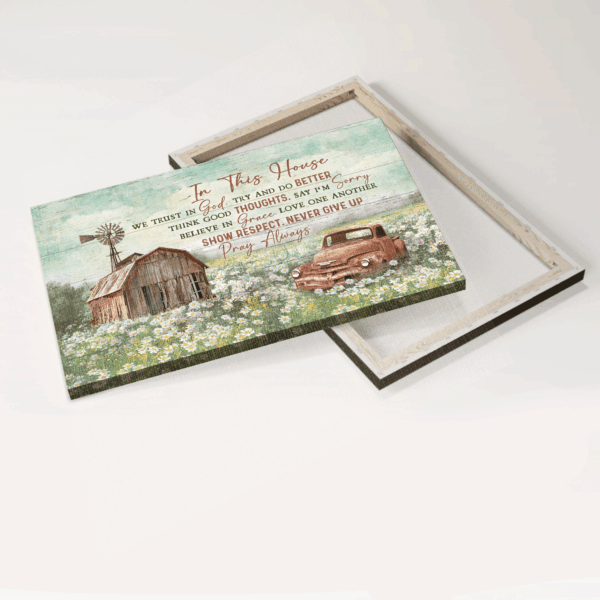 Jesus Landscape Poster Home Decor Gift – Old Barn & Daisy Field Painting for Christian Home – Trust in God Wall Art
