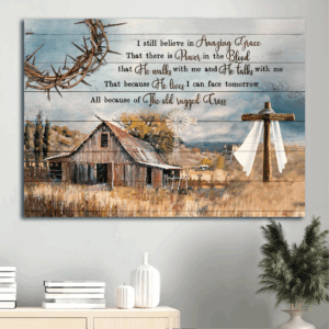 Christian Home Decor: Jesus Landscape Poster - Old Barn Wooden Cross Crown of Thorns - Gift for Believers