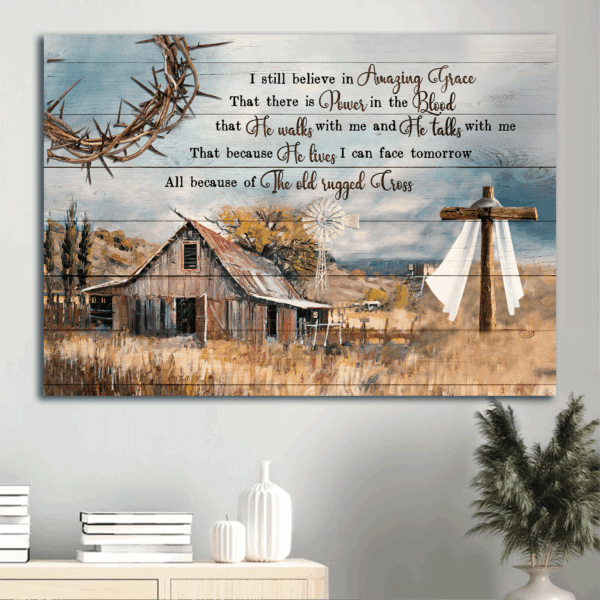 Christian Home Decor: Jesus Landscape Poster – Old Barn Wooden Cross Crown of Thorns – Gift for Believers