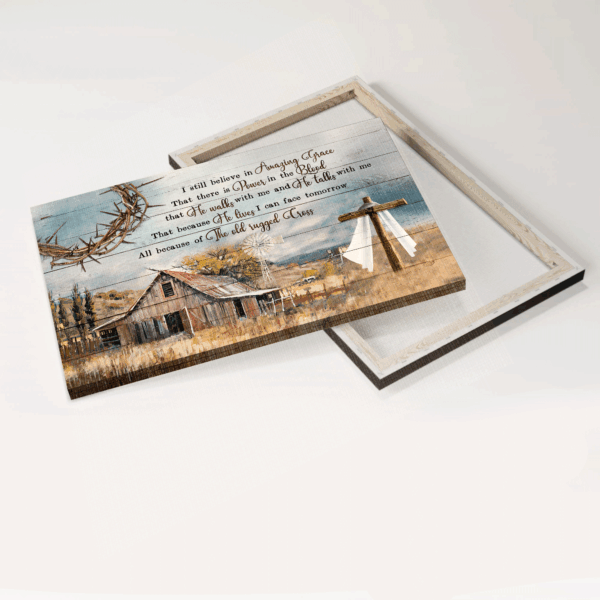 Christian Home Decor: Jesus Landscape Poster – Old Barn Wooden Cross Crown of Thorns – Gift for Believers