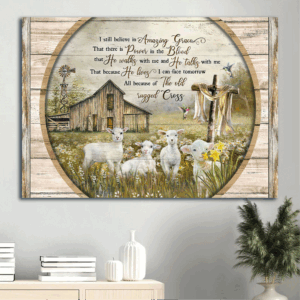Jesus Landscape Poster: Old Barn House & Lambs of God - Christian Home Decor Gift with Amazing Grace Painting