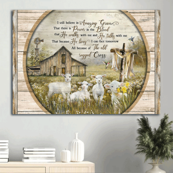 Jesus Landscape Poster: Old Barn House & Lambs of God – Christian Home Decor Gift with Amazing Grace Painting