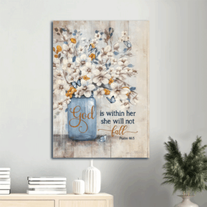 Christian Home Decor Gift: Jesus Portrait Poster with Jasmine Flower Blue Vase and Butterfly Drawing  Poster Home Decor Gift - God is Within Her - Christian Wall Art