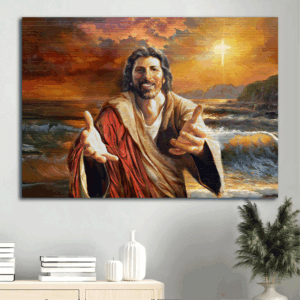 Jesus Landscape Poster: Ocean Sunset Painting - Come unto Christ Home Decor Gift for Christians