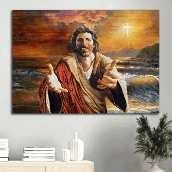 Jesus Landscape Poster: Ocean Sunset Painting – Come unto Christ Home Decor Gift for Christians