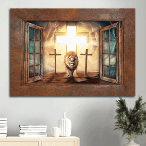Infinite Halo Jesus Landscape Poster with Lion of Judah & Cross Symbol - Christian Wall Art Gift Prints