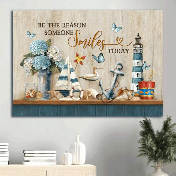 Christian Home Decor Gift: Jesus Ocean Seashell & Hydrangea Landscape Poster – Be the Reason Someone Smiles
