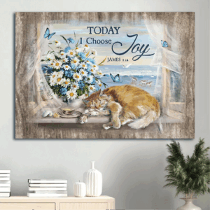 Jesus Landscape Poster Home Decor Gift - Ocean Painting Sleeping Cat Daisy Vase - Gift for Christian - Today I Choose Joy