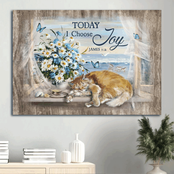 Jesus Landscape Poster Home Decor Gift – Ocean Painting Sleeping Cat Daisy Vase – Gift for Christian – Today I Choose Joy