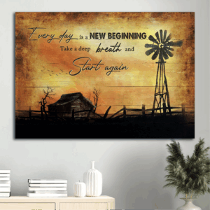 Jesus Landscape Poster - Old Barn Painting Windmill Sunset - Gift for Christian Home Decor