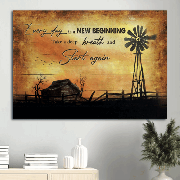 Jesus Landscape Poster – Old Barn Painting Windmill Sunset – Gift for Christian Home Decor