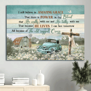 Jesus Landscape Poster Home Decor Gift - Christian Old Car Flower Field Wooden Cross - Amazing Grace