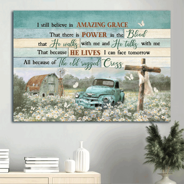 Jesus Landscape Poster Home Decor Gift – Christian Old Car Flower Field Wooden Cross – Amazing Grace