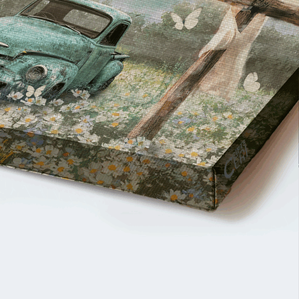 Jesus Landscape Poster Home Decor Gift – Christian Old Car Flower Field Wooden Cross – Amazing Grace
