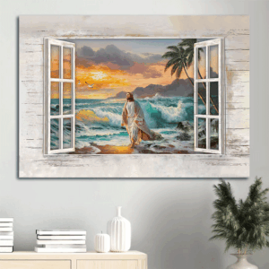 Walk With Jesus Sunset Beach Sea Window Frame Poster Home Decor Gift for Christian