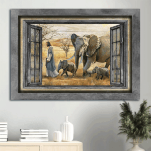 Jesus Landscape Poster - Walking With Jesus Elephant Painting Yellow Meadow - Christian Home Decor Gift
