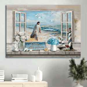 Jesus Seashore Beach Painting Poster - Christian Home Decor Gift - Walk With Me Window Frame Art