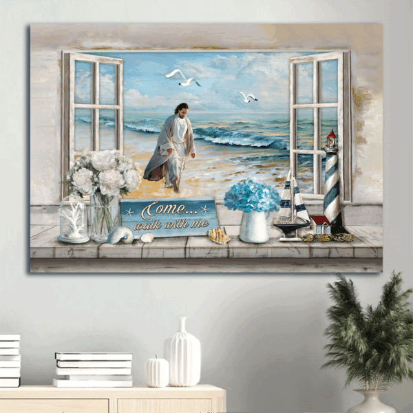 Jesus Seashore Beach Painting Poster – Christian Home Decor Gift – Walk With Me Window Frame Art