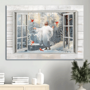 Christian Landscape Poster Gift Prints - Jesus & Cardinal Painting Winter Forest Scene