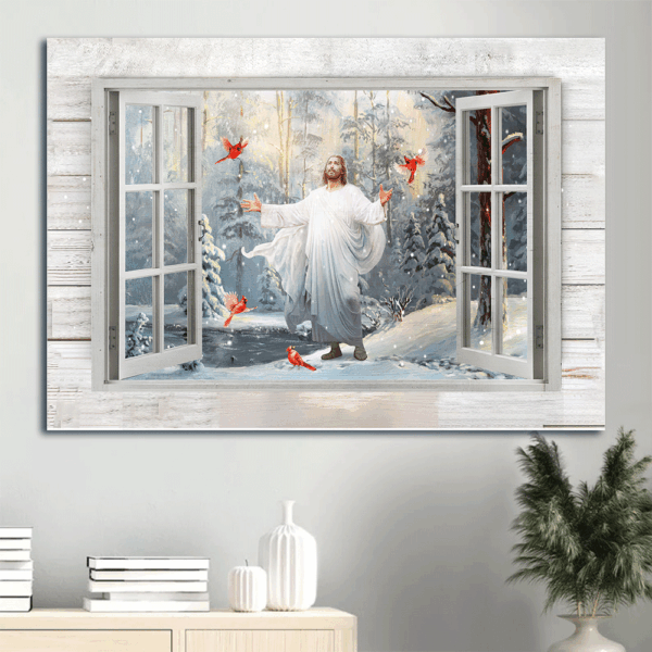 Christian Landscape Poster Gift Prints – Jesus & Cardinal Painting Winter Forest Scene