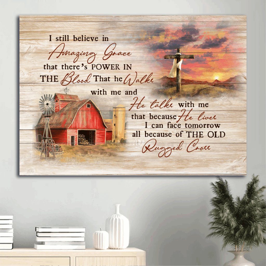 Christian Home Decor Gift: Jesus Landscape Poster with Old Barn Painting and Wooden Cross – Amazing Grace Theme Christian Home Decor Gift: Jesus Landscape Poster with Old Barn Painting and Wooden Cross – Amazing Grace Theme
