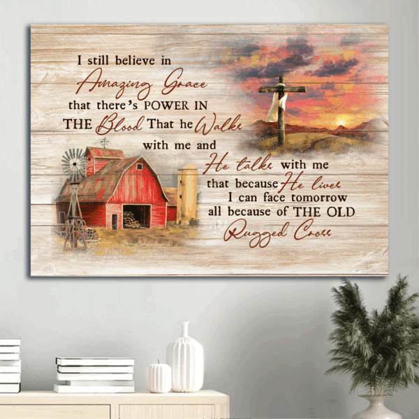 Christian Home Decor Gift: Jesus Landscape Poster with Old Barn Painting and Wooden Cross – Amazing Grace Theme