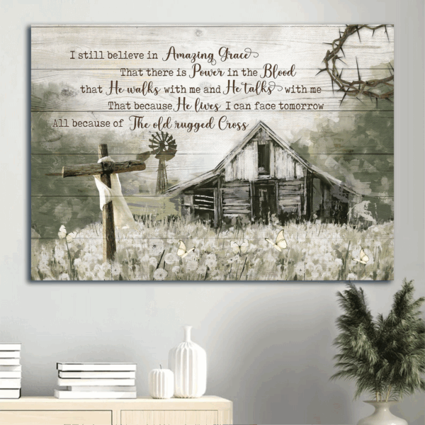 Jesus Landscape Poster – Old Barn Painting & Dandelion Field Home Decor Gift for Christians