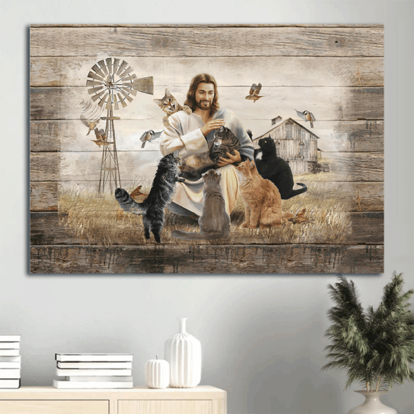 Jesus Landscape Poster – Tranquil Farm & Cats – Christian Home Decor Gift Print