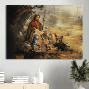 Jesus and Cats Landscape Poster: Christian Wall Art Home Decor Gift