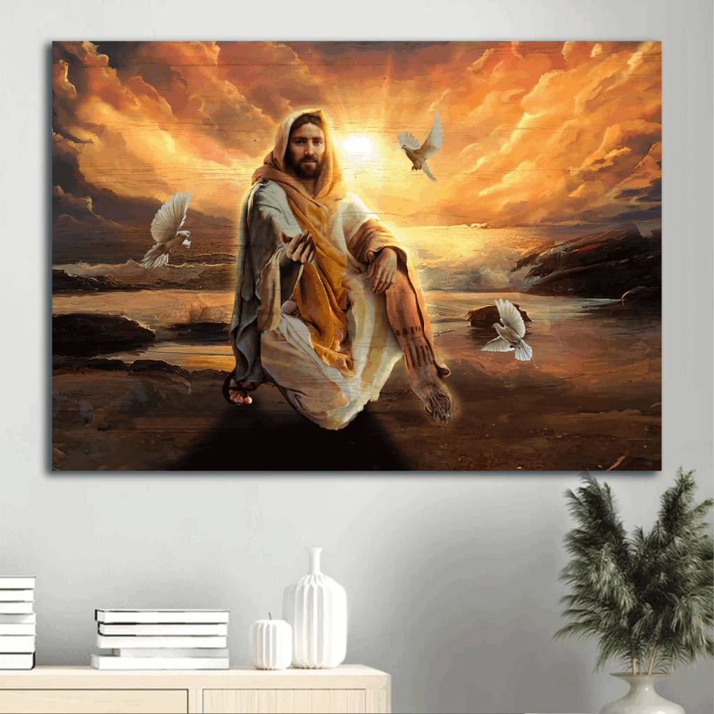 Jesus Landscape Poster Home Decor – Walking With Jesus White Dove Sunset – Perfect Christian Gift Jesus Landscape Poster Home Decor – Walking With Jesus White Dove Sunset – Perfect Christian Gift