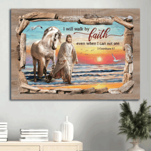 Christian Home Decor Gift: Jesus Landscape Poster - Walking With Jesus on White Horse at Beautiful Beach - I Will Walk By Faith Poster