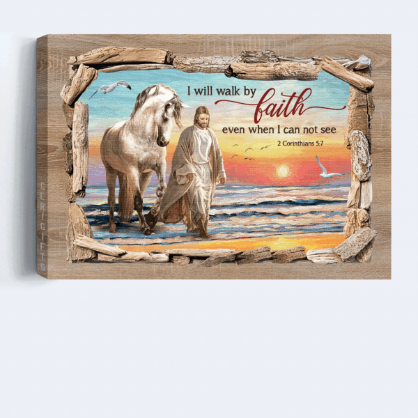 Christian Home Decor Gift: Jesus Landscape Poster – Walking With Jesus on White Horse at Beautiful Beach – I Will Walk By Faith Poster