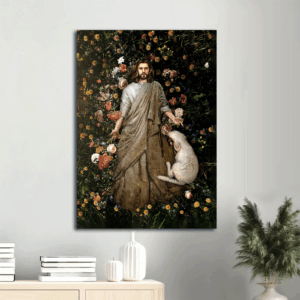 Jesus Portrait Poster Home Decor Gift - Christian Wall Art with Jesus Painting Flower Garden and White Sheep Prints