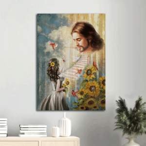 Jesus Portrait Poster Home Decor Gift - Christian Wall Art with Red Cardinal Sunflower and Path to Heaven