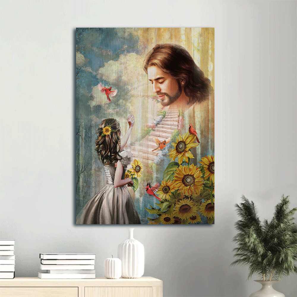 Jesus Portrait Poster Home Decor Gift – Christian Wall Art with Red Cardinal Sunflower and Path to Heaven Jesus Portrait Poster Home Decor Gift – Christian Wall Art with Red Cardinal Sunflower and Path to Heaven