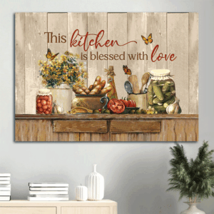 Vintage Christian Kitchen Decor Gift - Jesus Landscape Poster with Yellow Flower and Fresh Tomato - Blessed with Love Wall Art