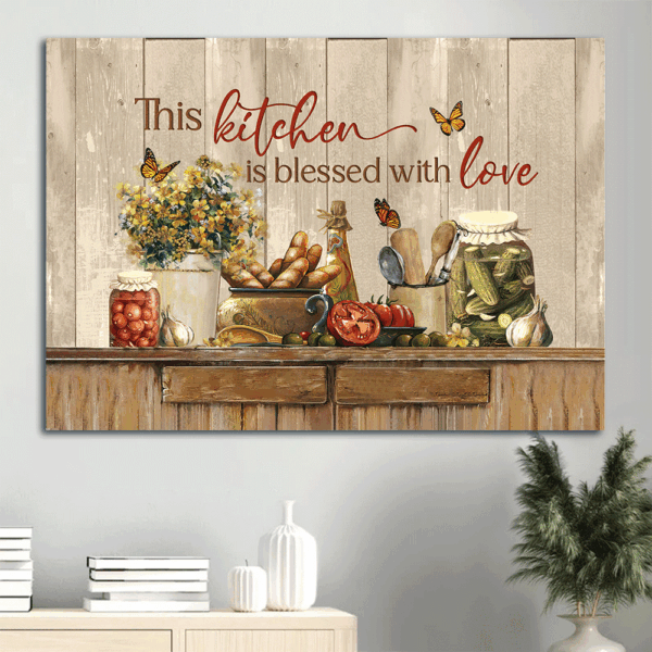 Vintage Christian Kitchen Decor Gift – Jesus Landscape Poster with Yellow Flower and Fresh Tomato – Blessed with Love Wall Art