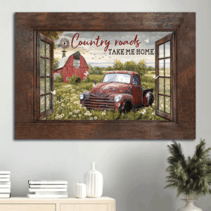 Vintage Ladybug Car & Dandelion Garden Jesus Landscape Poster - Gift For Christian Home Decor - Country Roads Take Me Home Farm Poster Gift