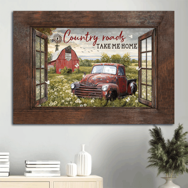 Vintage Ladybug Car & Dandelion Garden Jesus Landscape Poster – Gift For Christian Home Decor – Country Roads Take Me Home Farm Poster Gift