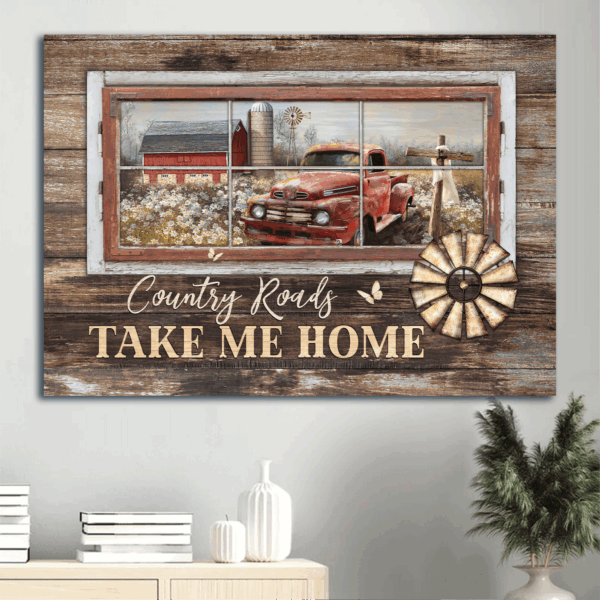 Jesus Landscape Poster: Old Red Truck Wooden Cross Tranquil Flower Field Home Decor – Gift For Christian