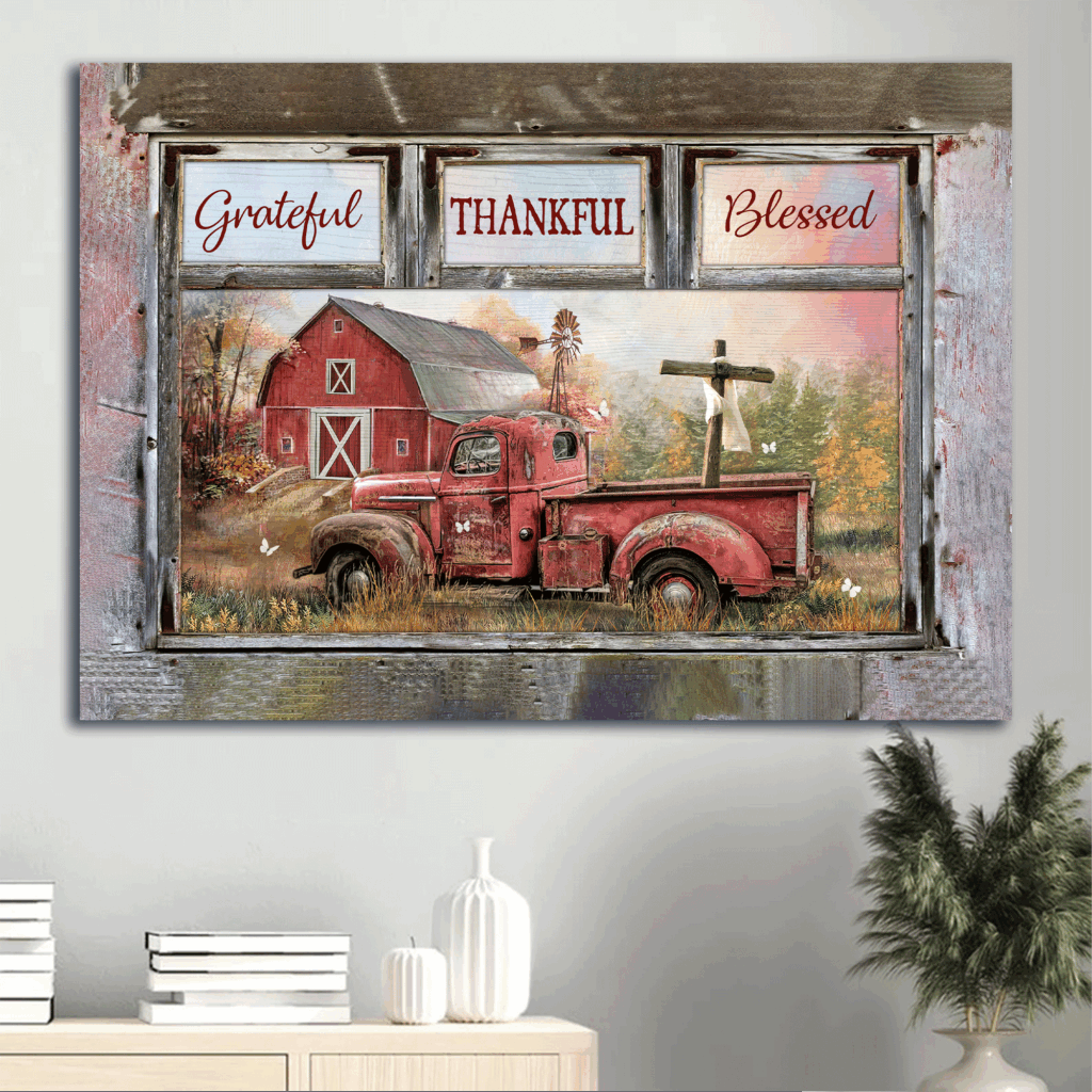 Jesus Landscape Poster Home Decor Gift – Red Truck Red Barn Rugged Cross – Christian Grateful Blessed Jesus Landscape Poster Home Decor Gift – Red Truck Red Barn Rugged Cross – Christian Grateful Blessed