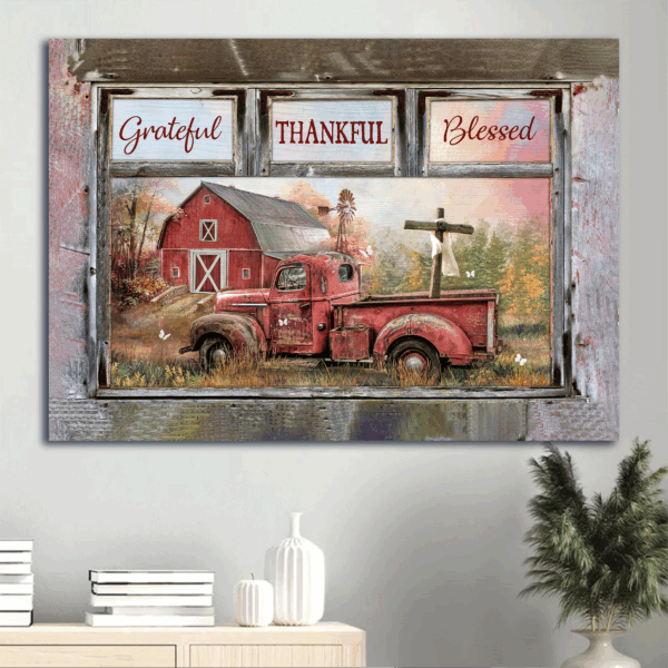 Jesus Landscape Poster Home Decor Gift – Red Truck Red Barn Rugged Cross – Christian Grateful Blessed