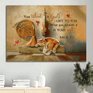 Vintage Jesus & Cat Landscape Poster - Home Decor Gift for Christian & Cat Lovers - Unique Gift with Violin & Cardinal