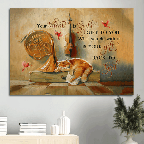 Vintage Jesus & Cat Landscape Poster – Home Decor Gift for Christian & Cat Lovers – Unique Gift with Violin & Cardinal