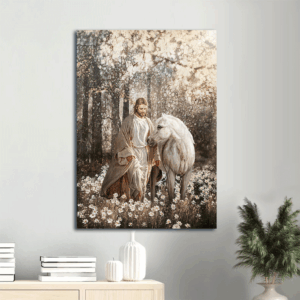 Jesus Portrait Poster Home Decor Gift - Christian Wall Art with Jesus Painting and Horse Drawing in Beautiful Forest